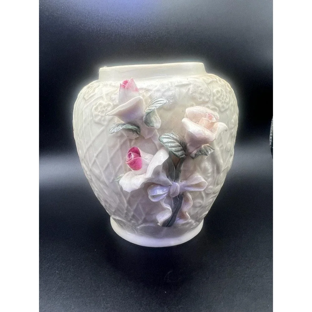 Vintage Porcelain Vase with  3D Roses, Ribbons, and Diamond Embossed Pattern,